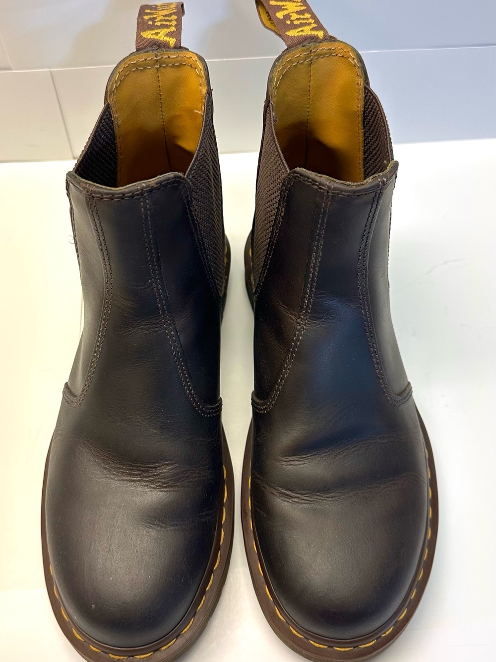 Dr. Martens Dark Brown Chelsea Booties with Yellow Stitching